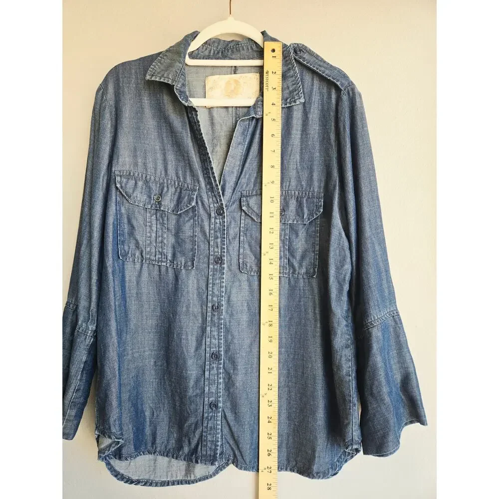 Bella Dahl Blue Tencel Button Down Shirt Flared Sleeve Western Style Top Size M
